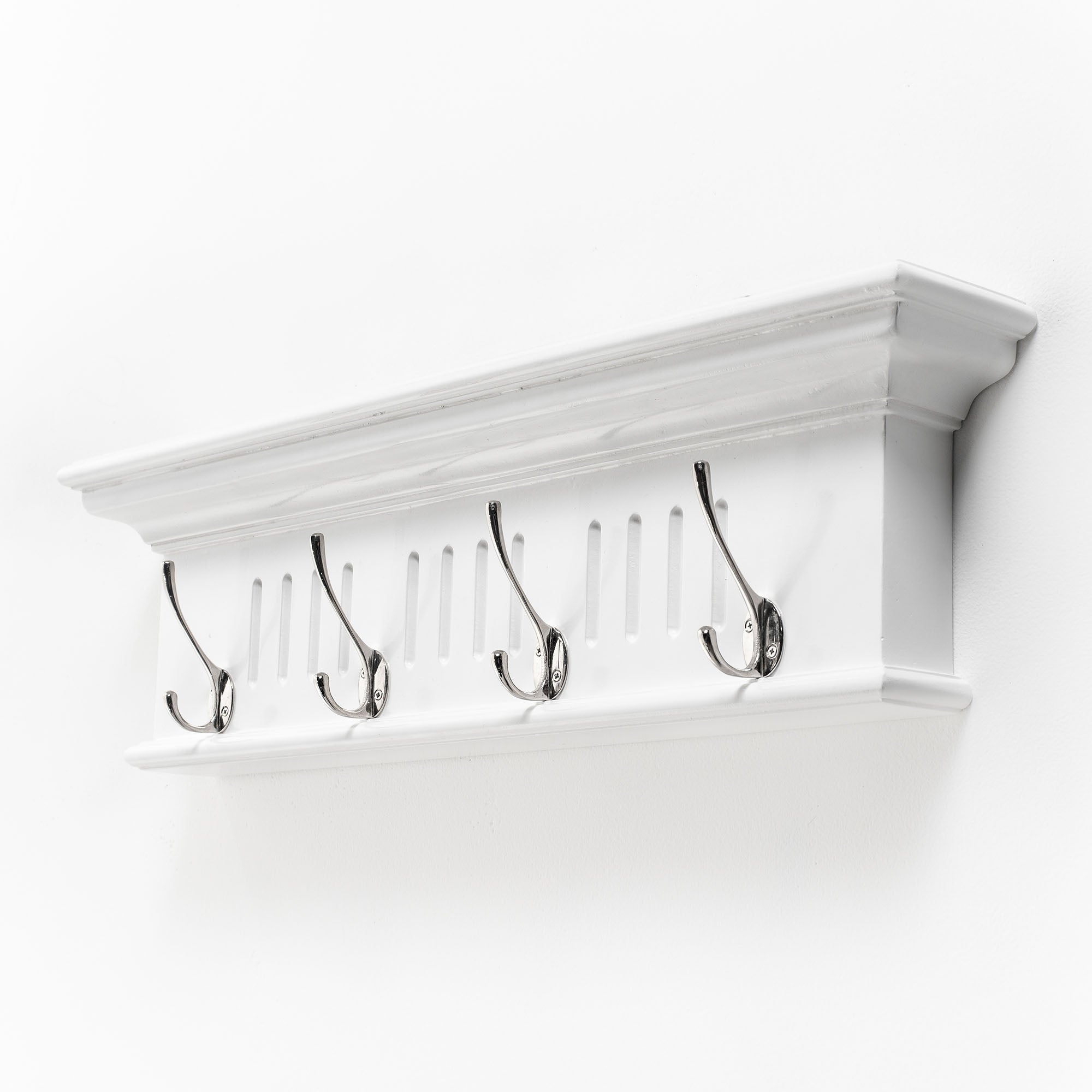 28" White Solid Wood Four Hook Wall Mount Coat Rack-1