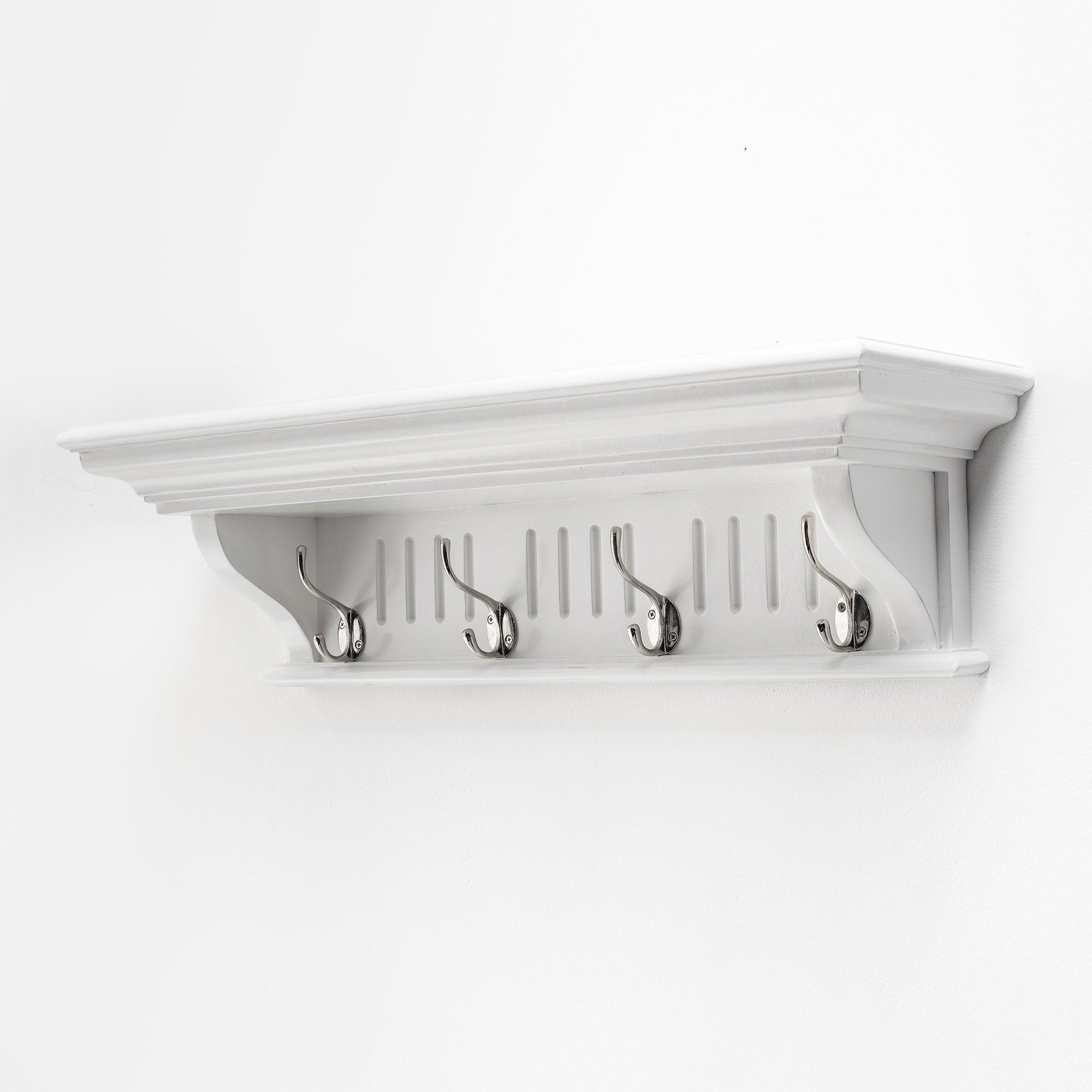 28" White Solid Wood Four Hook Wall Mount Coat Rack-0