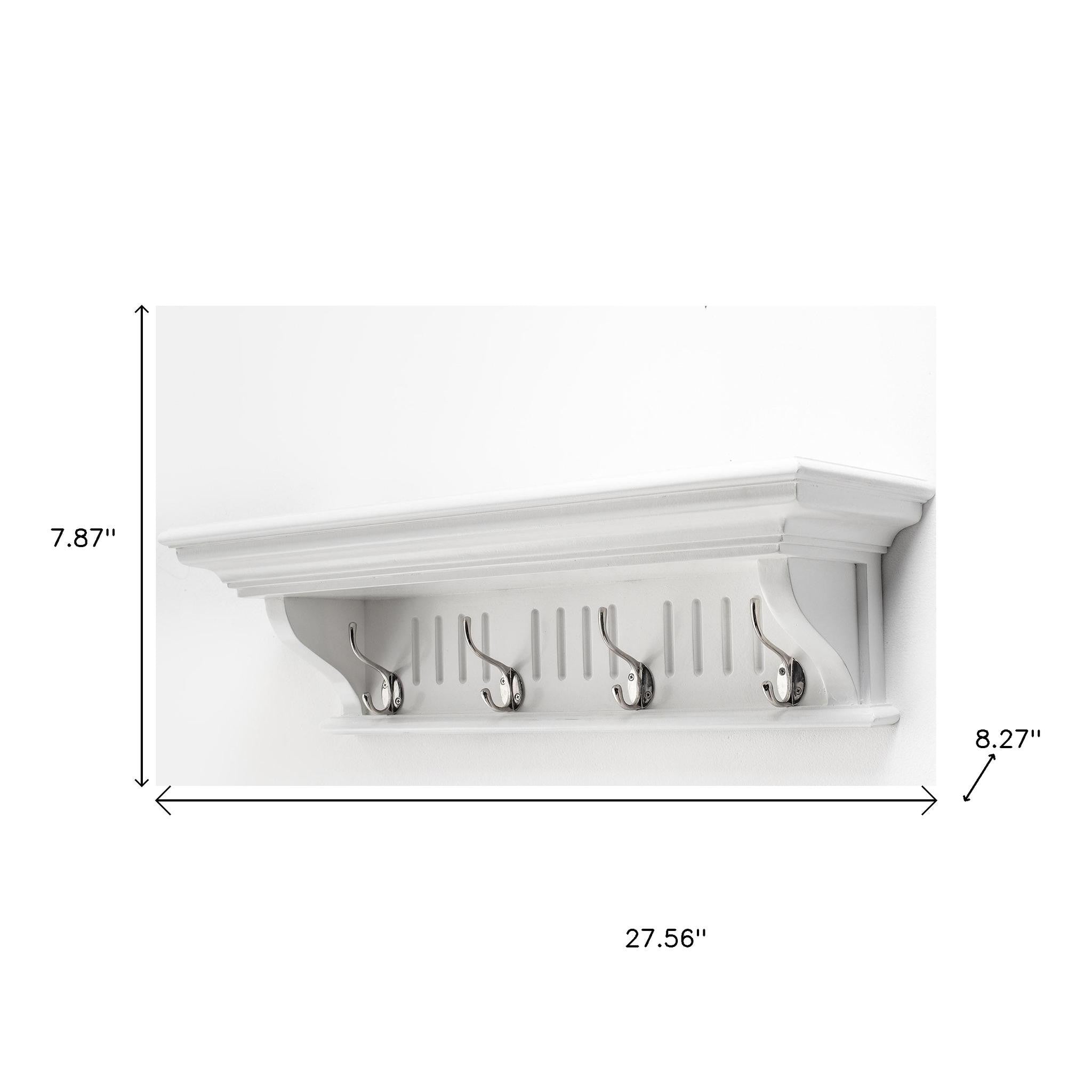 28" White Solid Wood Four Hook Wall Mount Coat Rack-6