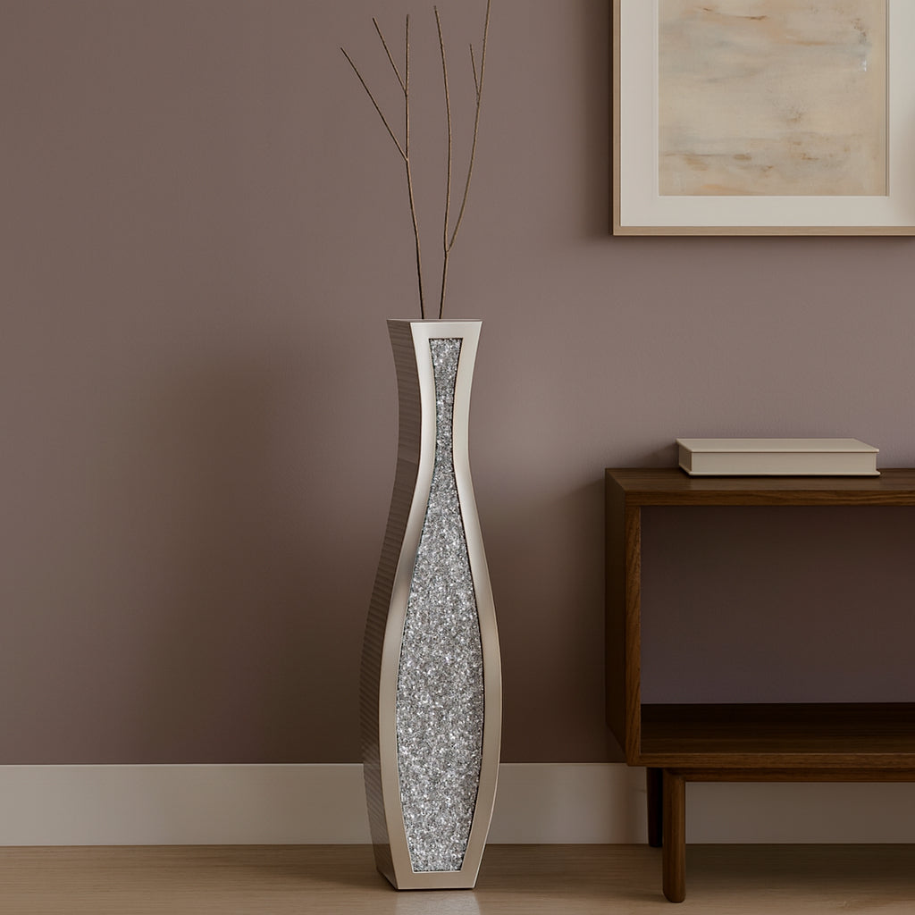 36" Silver Faux Crystal And Mirrored Glass Floor Vase-0