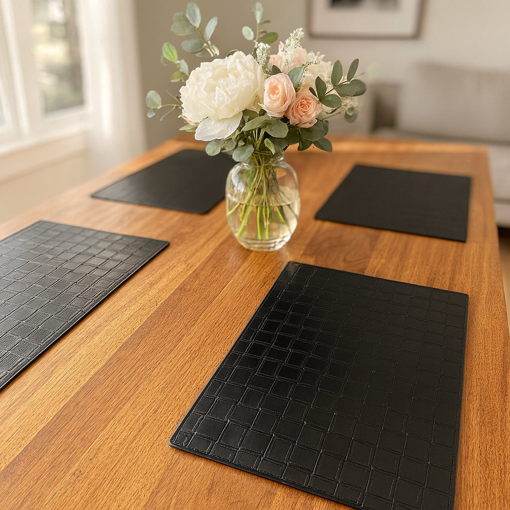 18" Set of Four Black Basketweave Faux Leather Placemats-0