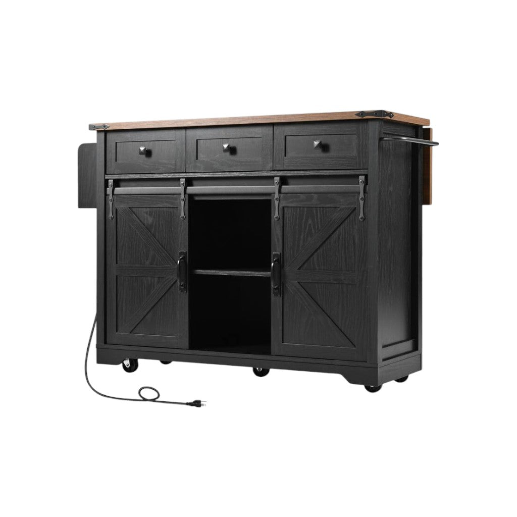 54" Black Wood Rolling Kitchen Island-1
