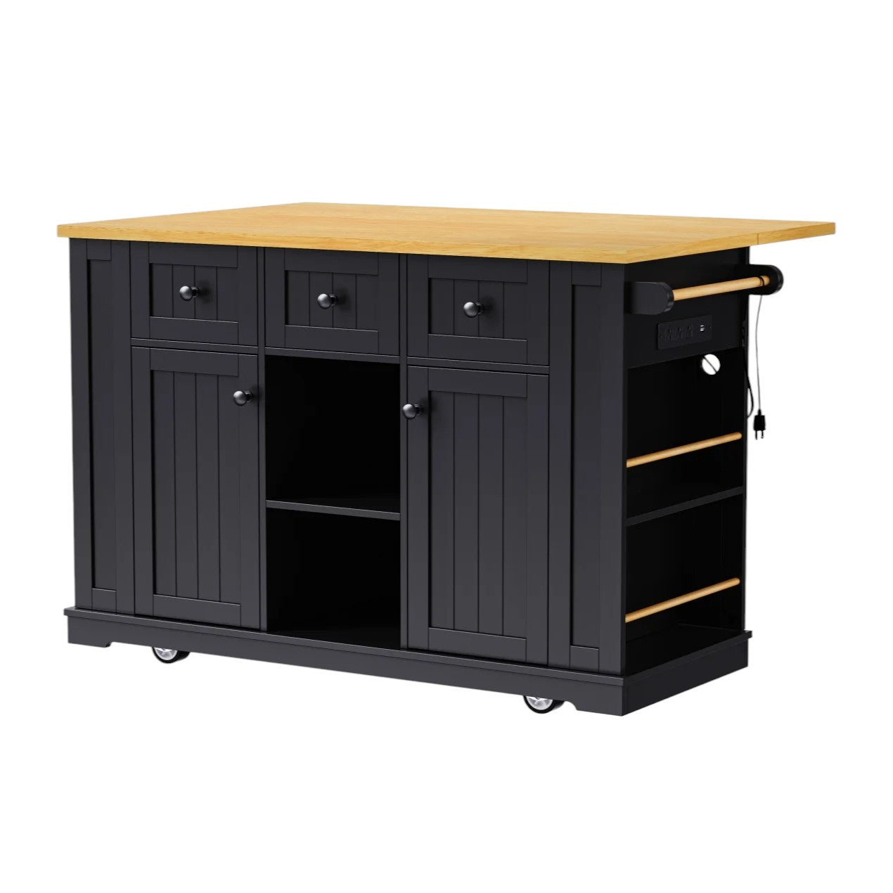 53" Black Wood Rolling Kitchen Island With Storage-1