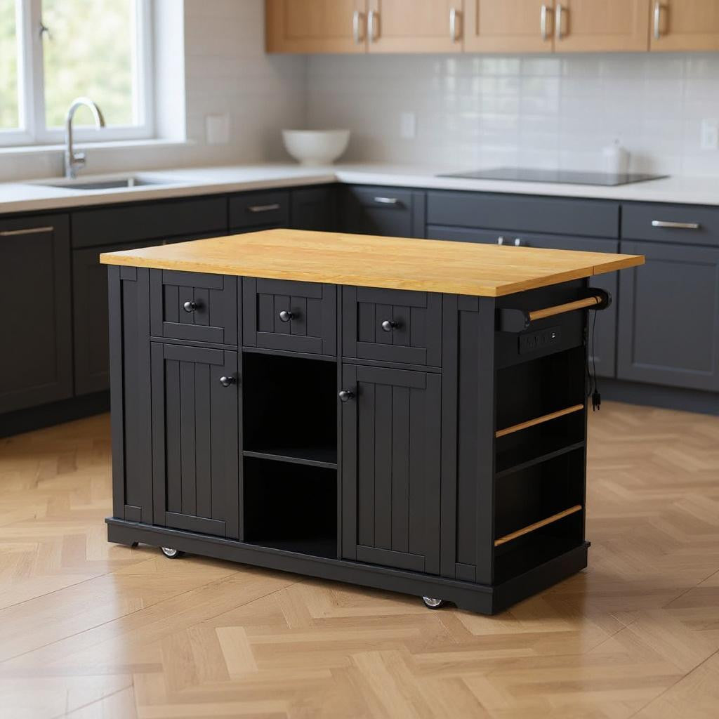 53" Black Wood Rolling Kitchen Island With Storage-0