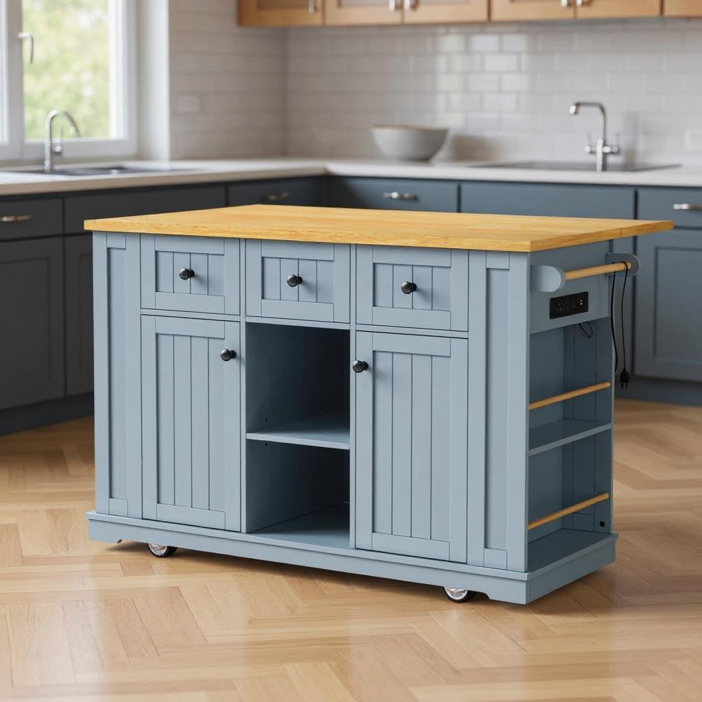 53" Light Blue Wood Rolling Kitchen Island With Storage-0