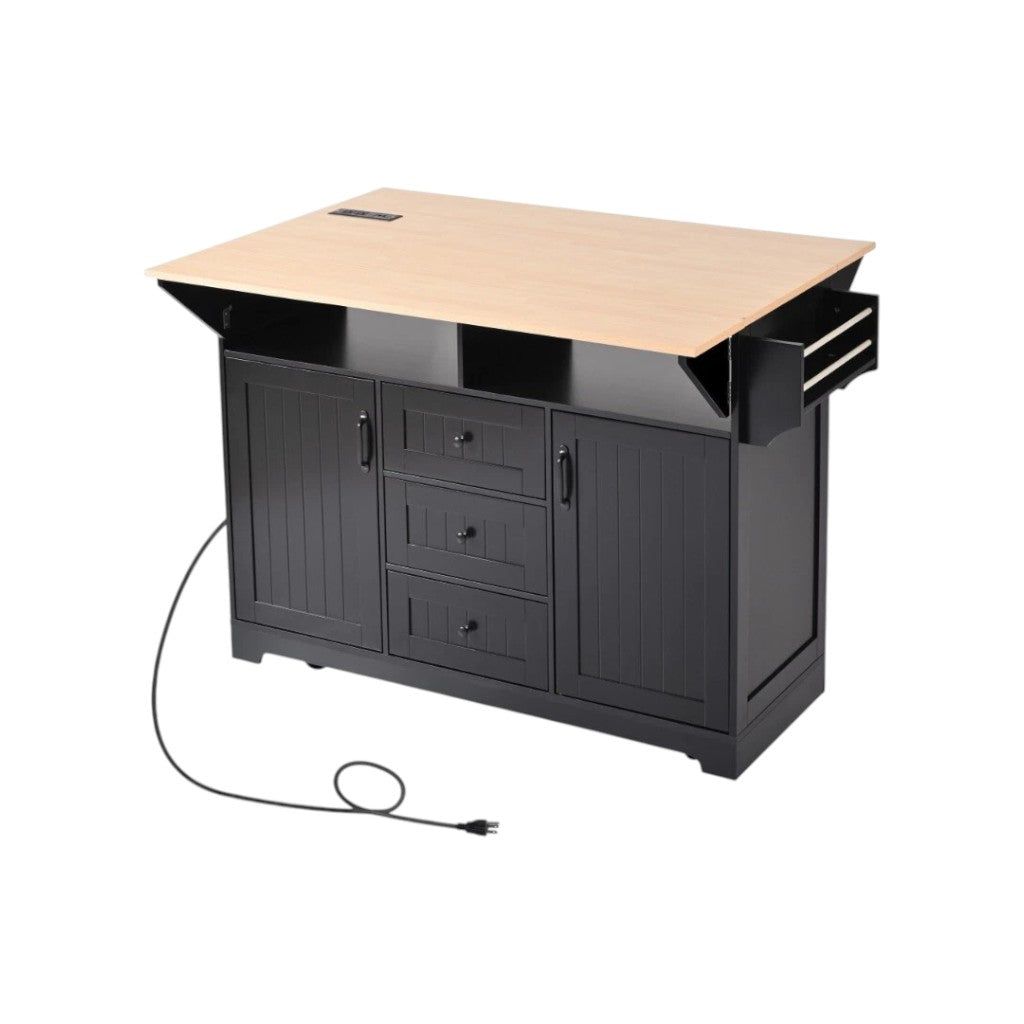 56" Black Wood Rolling Kitchen Island With Storage-1