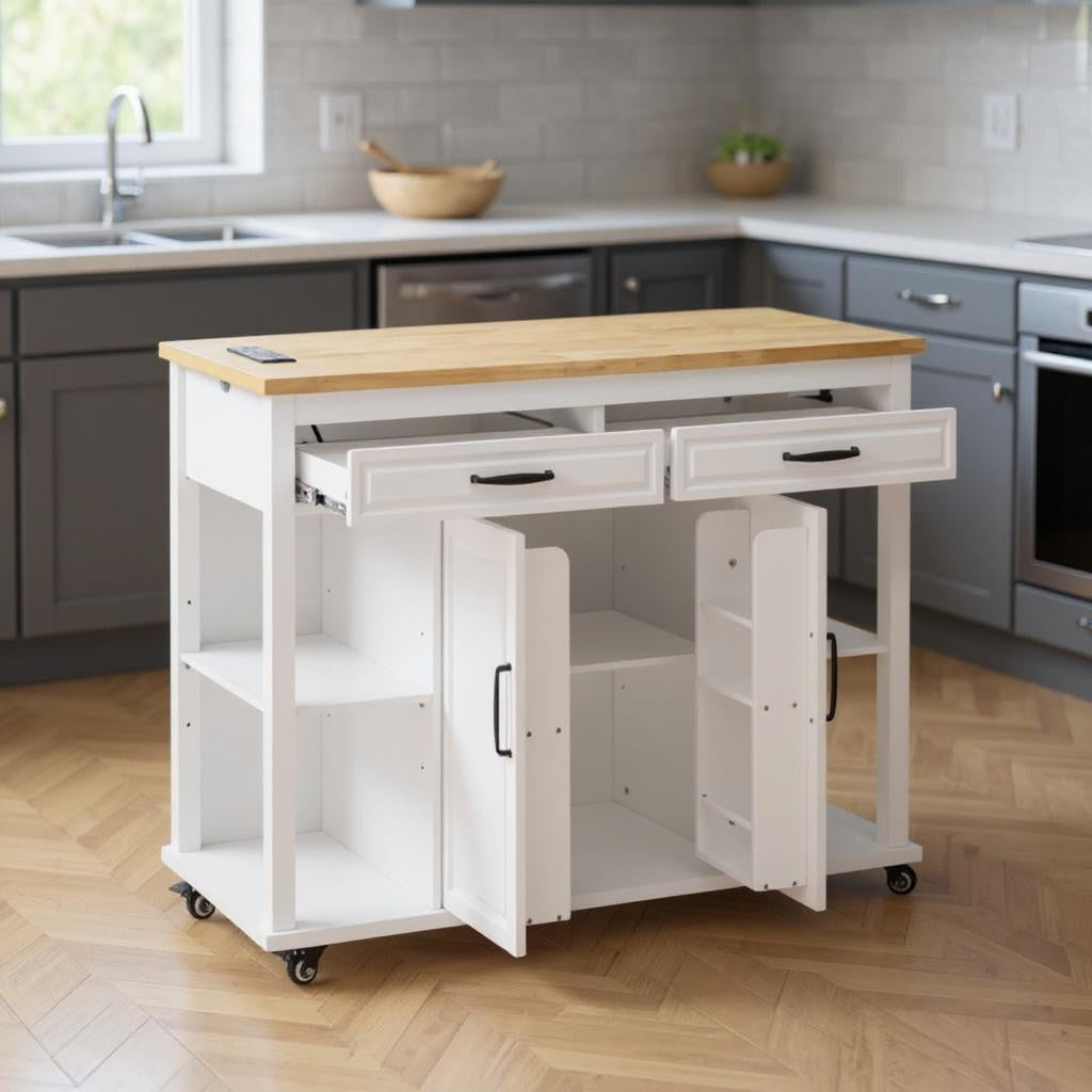 47" White Wood Rolling Kitchen Island With Storage-0