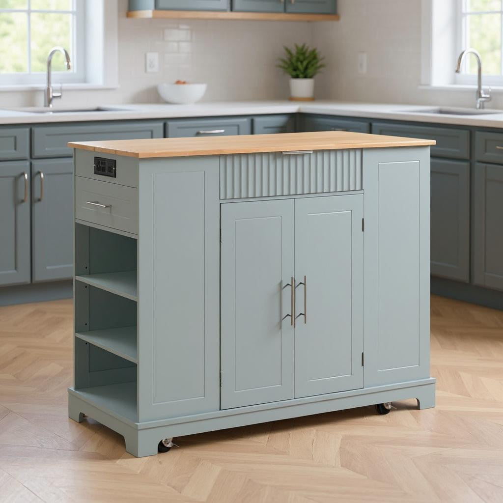 49" Light Blue Wood Rolling Kitchen Island With Storage-0