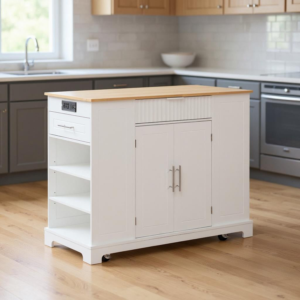 49" White Wood Rolling Kitchen Island With Storage-0