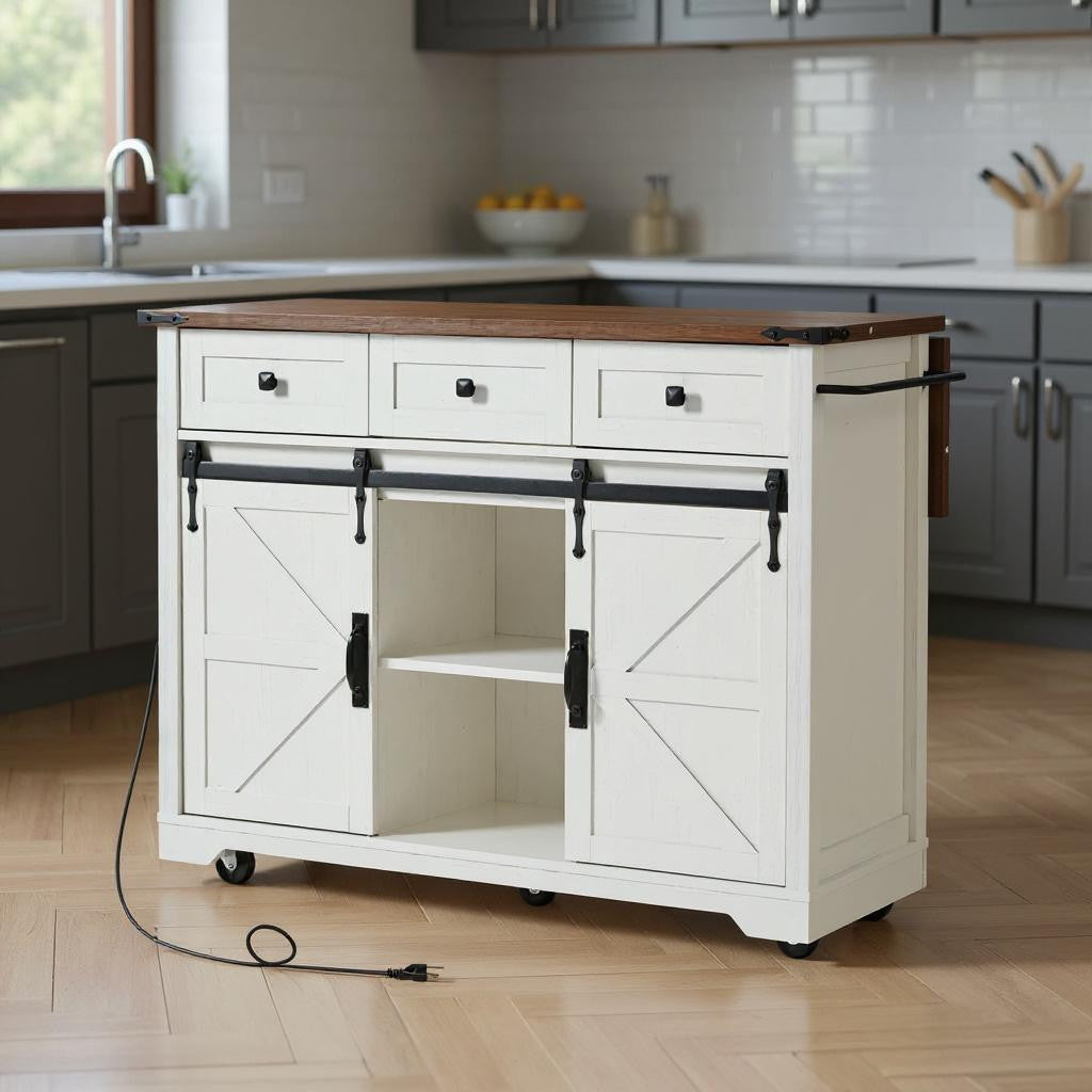 54" White Wood Rolling Kitchen Island-0