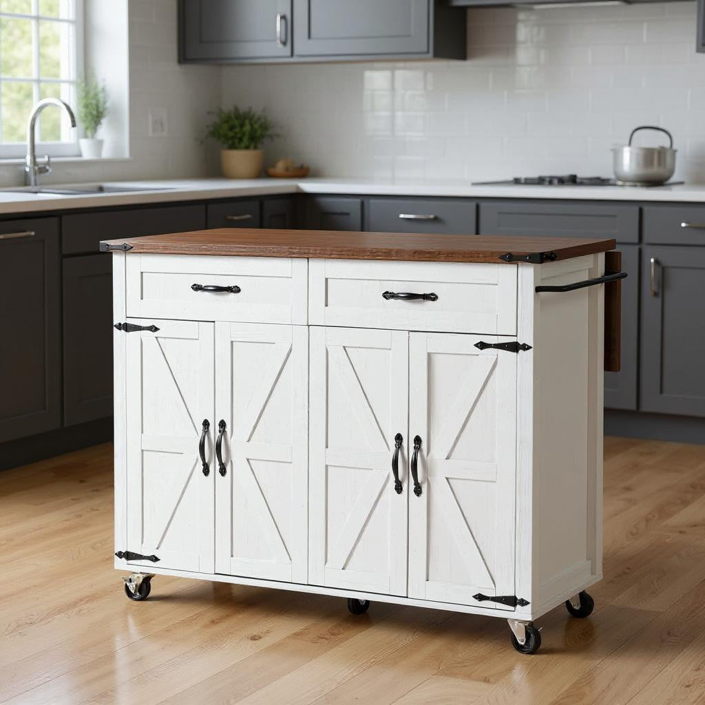 54" White Wood Rolling Kitchen Island-0