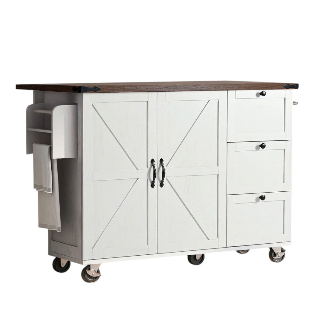 55" White Wood Rolling Kitchen Island-1