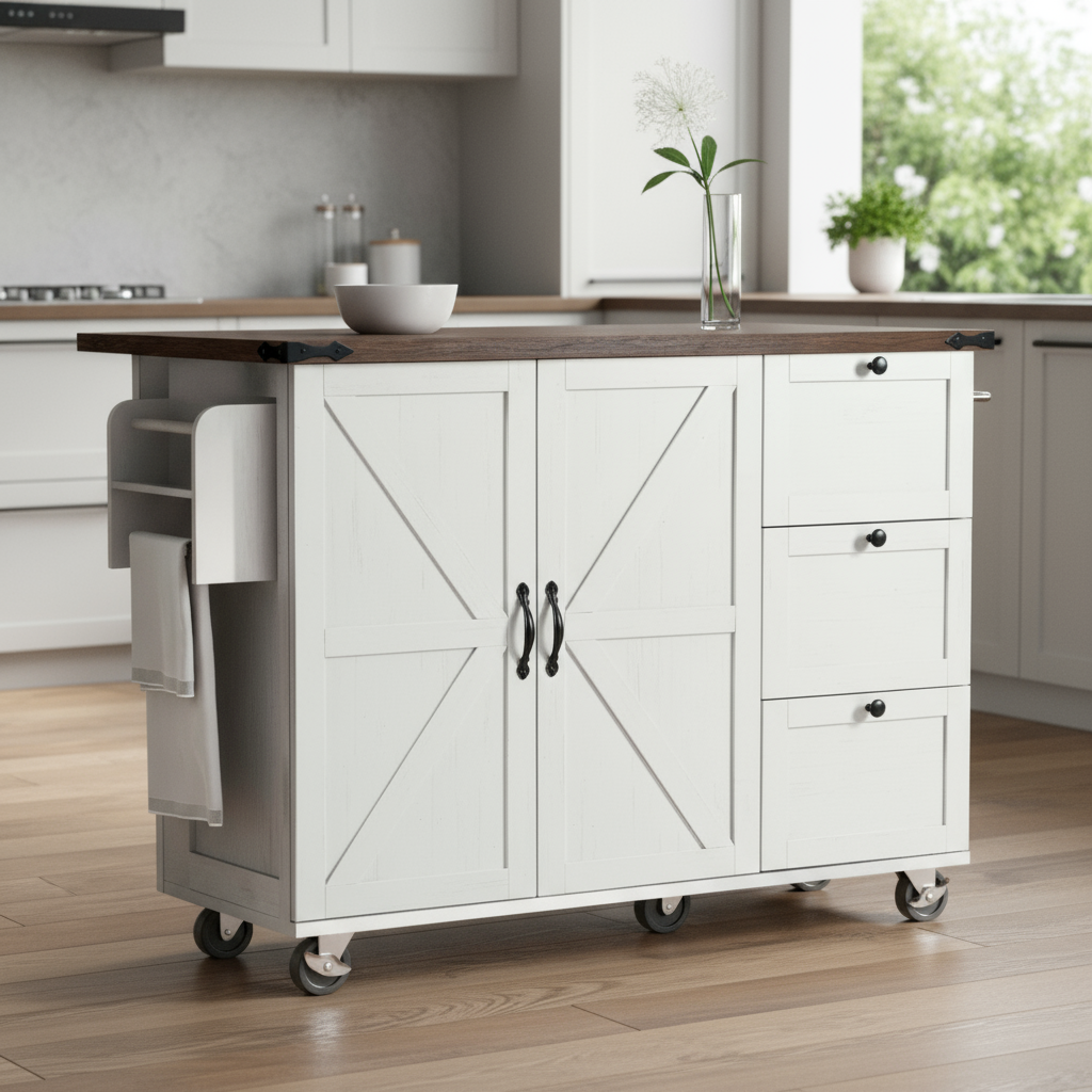 55" White Wood Rolling Kitchen Island-0