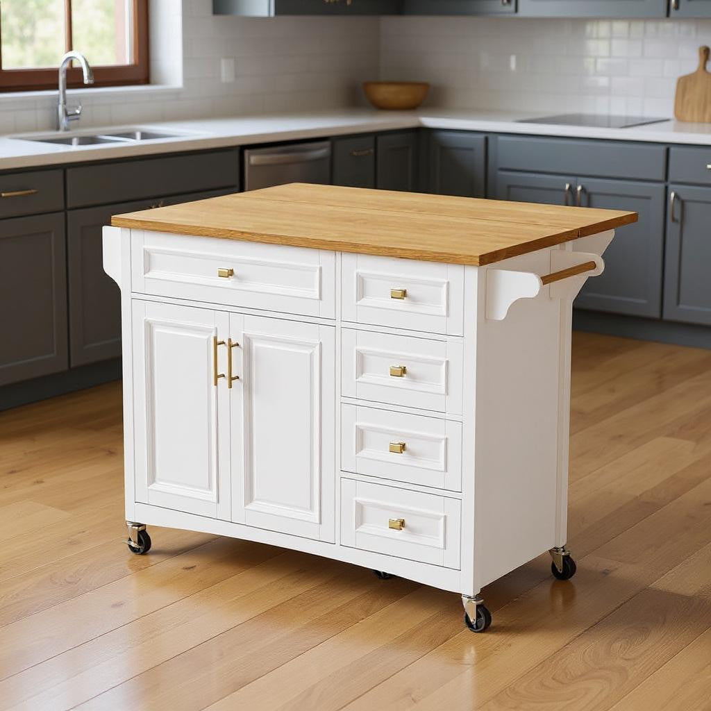 52" White Wood Rolling Kitchen Island-0