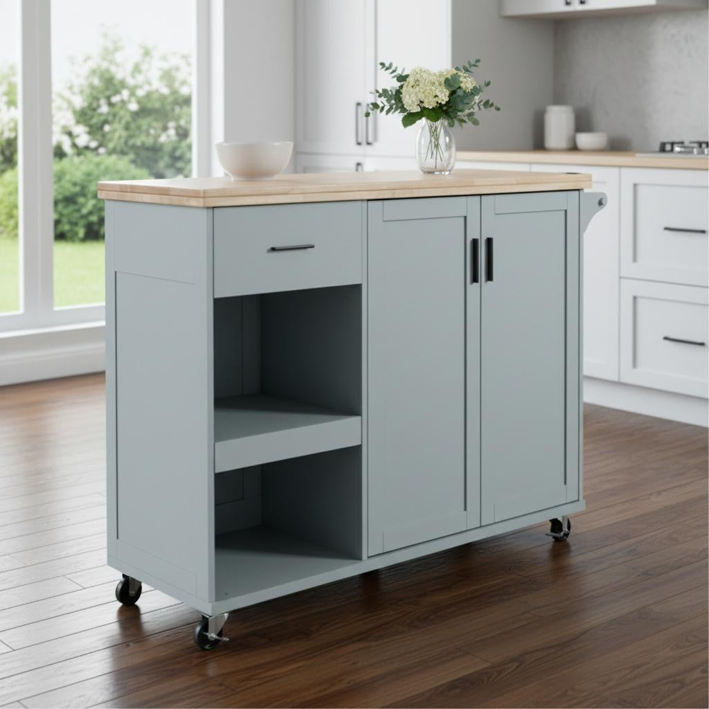49" Light Blue Wood Rolling Kitchen Island With Storage-0