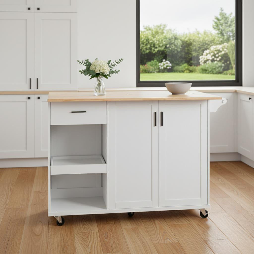 49" White Wood Rolling Kitchen Island With Storage-0