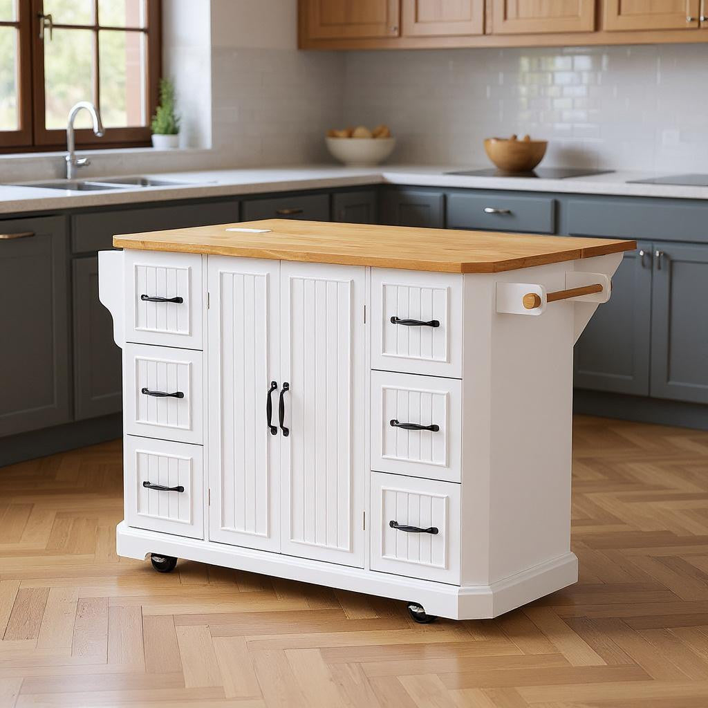 56" White Wood Rolling Kitchen Island-0