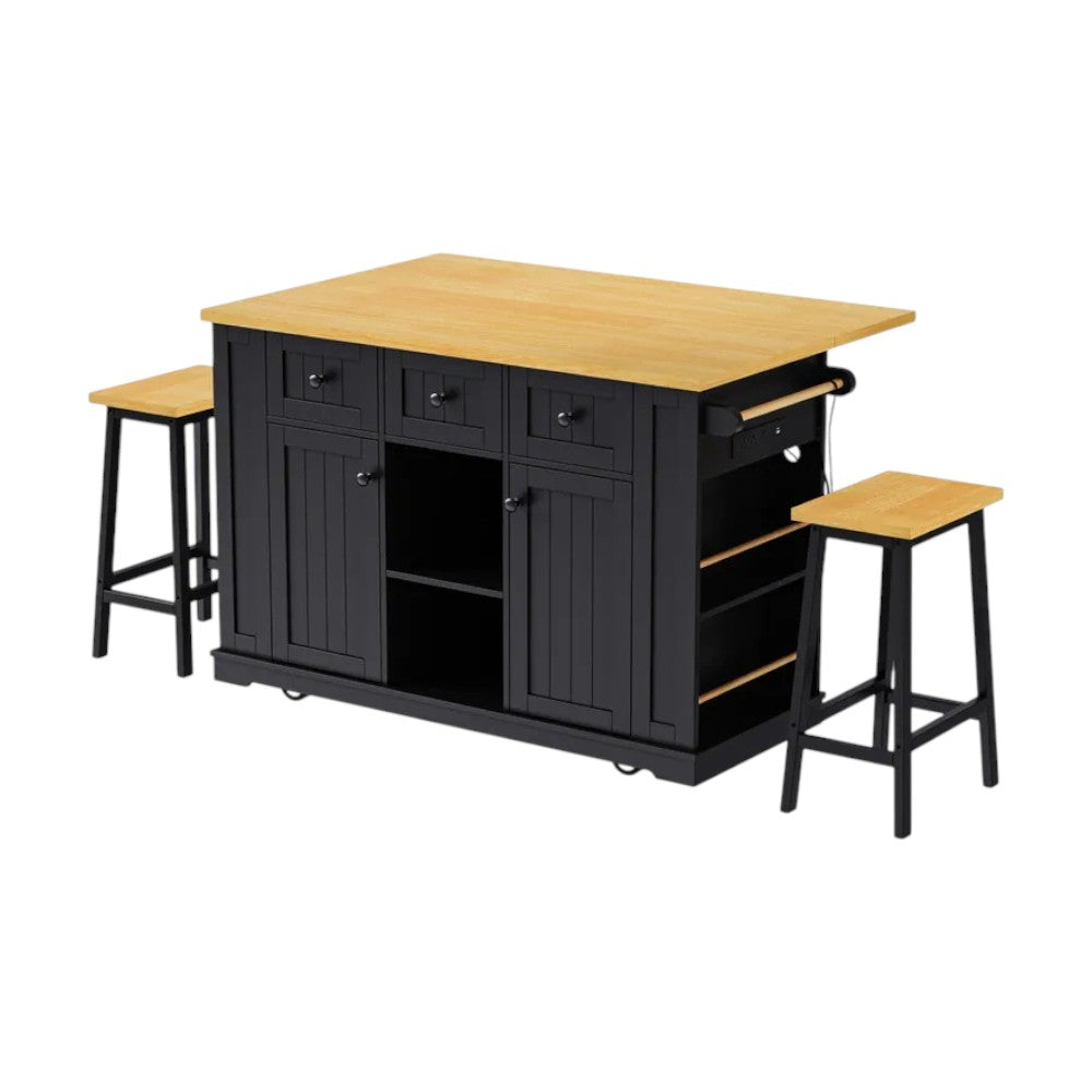 53" Black Wood Rolling Kitchen Island Set With Storage-1
