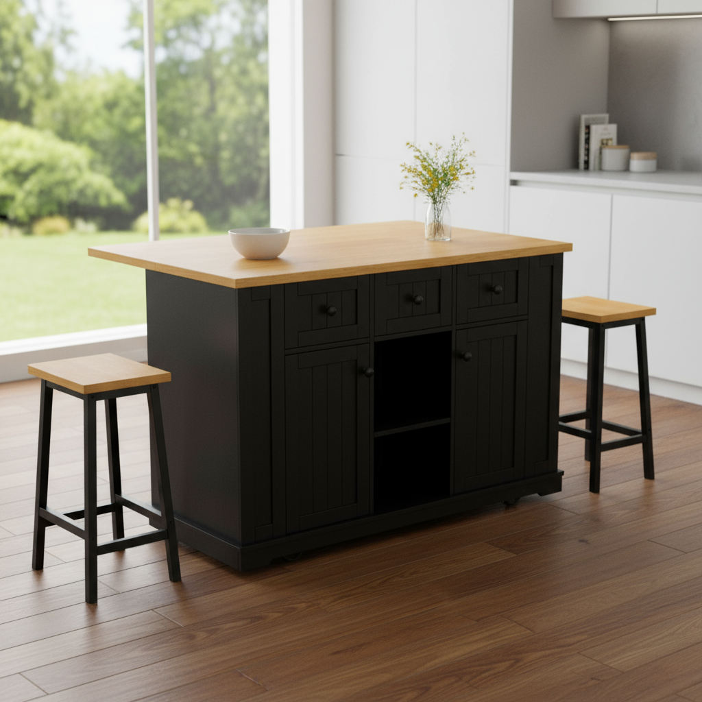 53" Black Wood Rolling Kitchen Island Set With Storage-0
