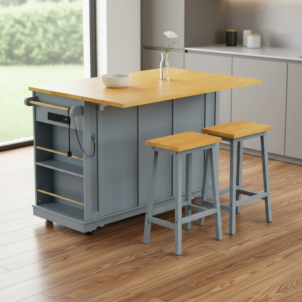 53" Light Blue Wood Rolling Kitchen Island Set With Storage-0