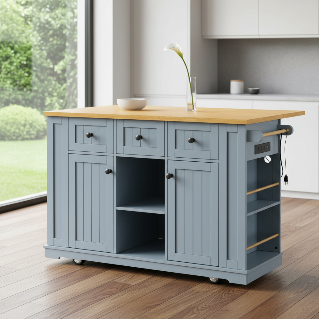 53" Light Blue Wood Rolling Kitchen Island Set With Storage-1