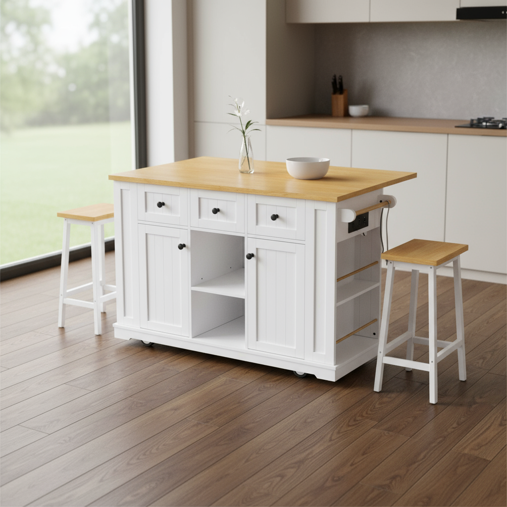 53" White Wood Rolling Kitchen Island Set With Storage-0