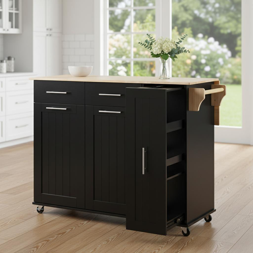 46" Black Wood Rolling Kitchen Island With Storage-0