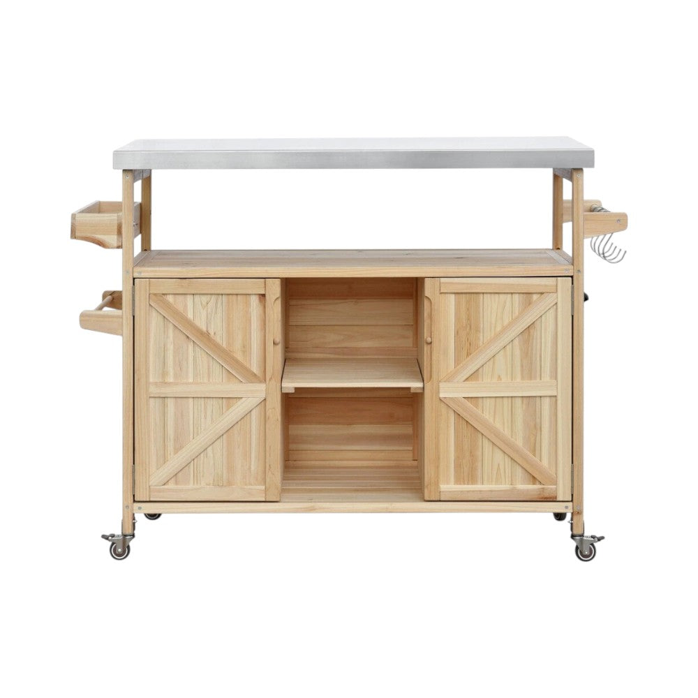 50" Natural Wood Rolling Kitchen Island With Storage-1