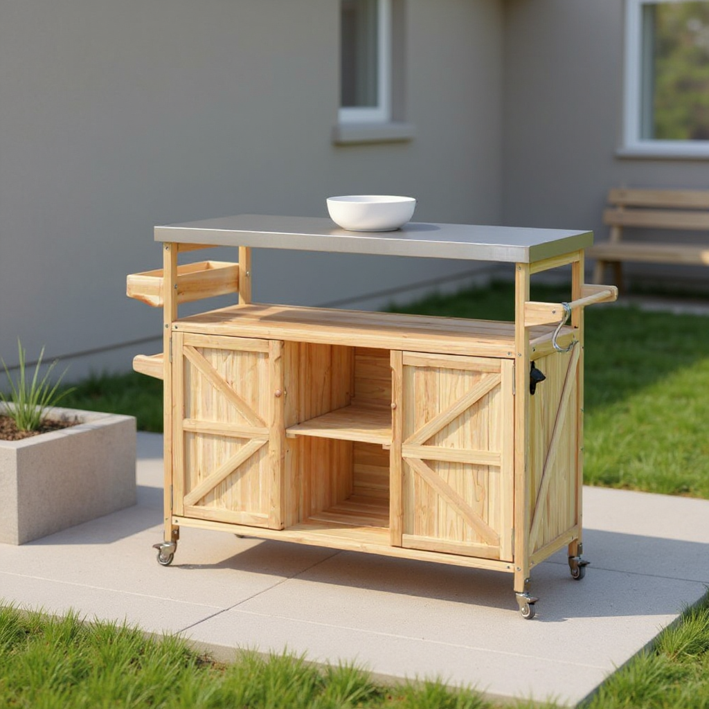 50" Natural Wood Rolling Kitchen Island With Storage-0