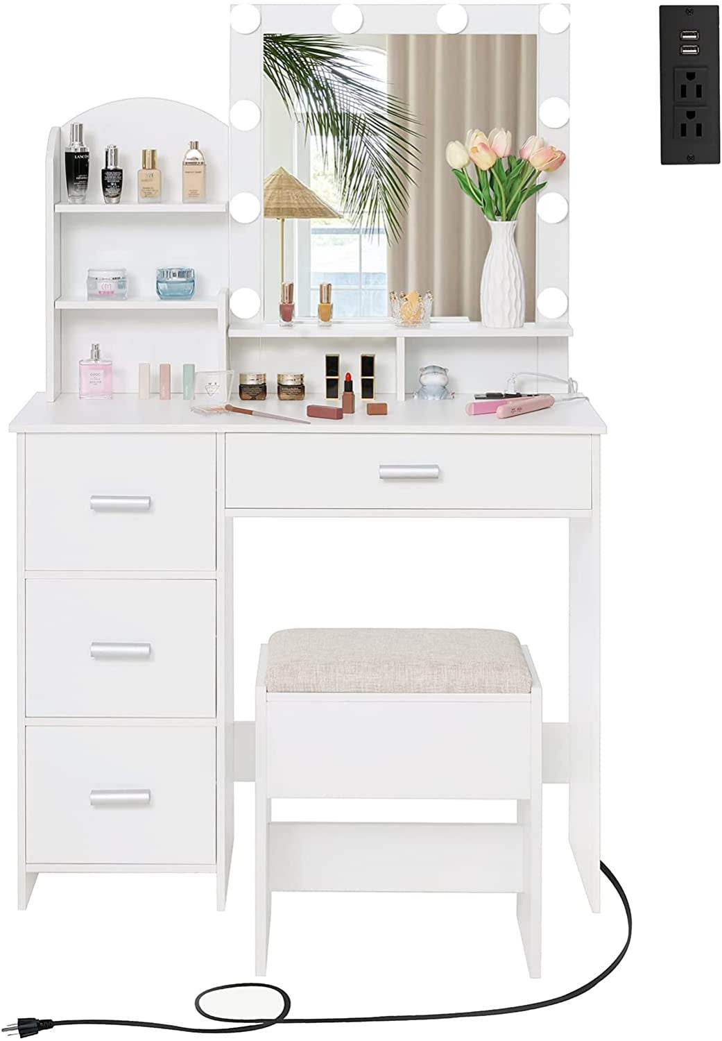 White Vanity Desk with Lighted Mirror and Charging Station - Metromarketstore
