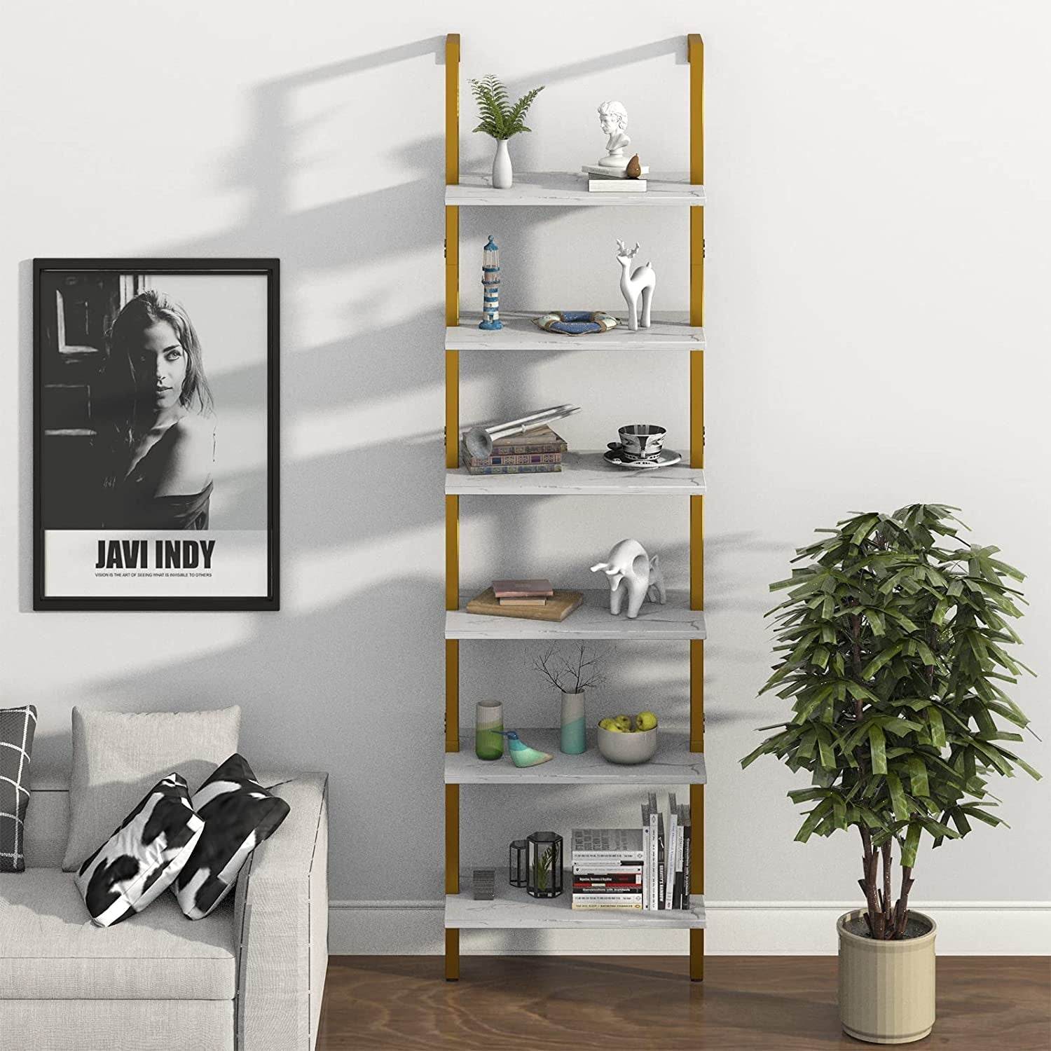 Marble White 6-Tier Ladder Shelf Bookcase - Metromarketstore