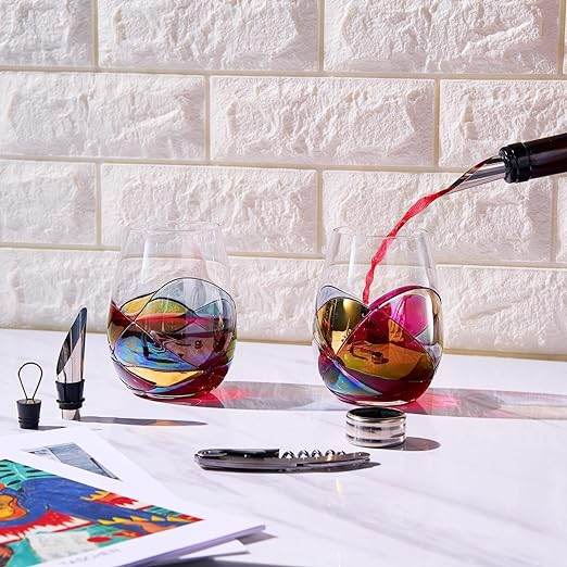 Painted STEMMLESS Wine Glass Box Set - Opener, Stopper, drip Ring, Wine Pourer - 2 Glasses - Metromarketstore