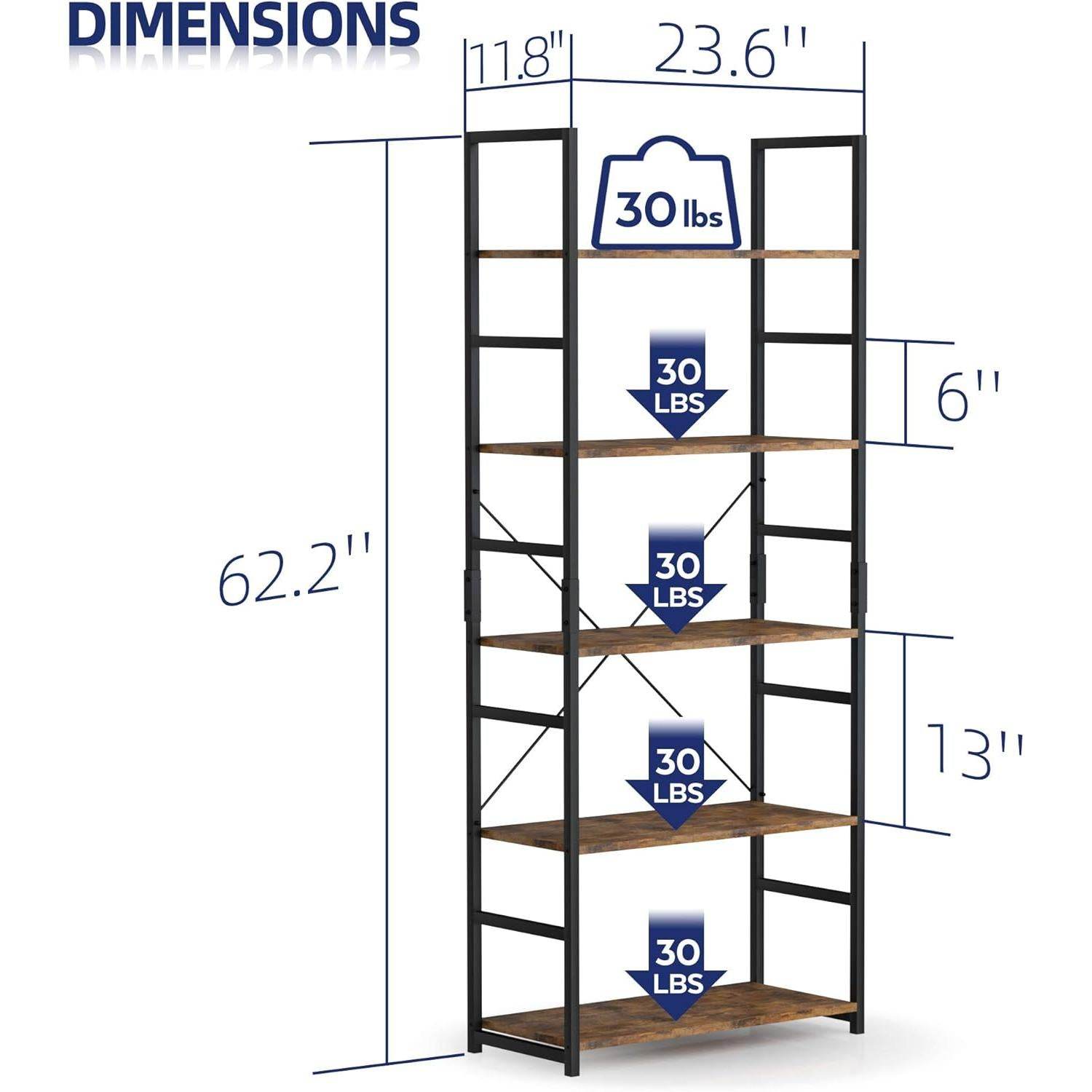 Tall 5 Shelf Bookcase Vintage Bookshelf Organizer-2