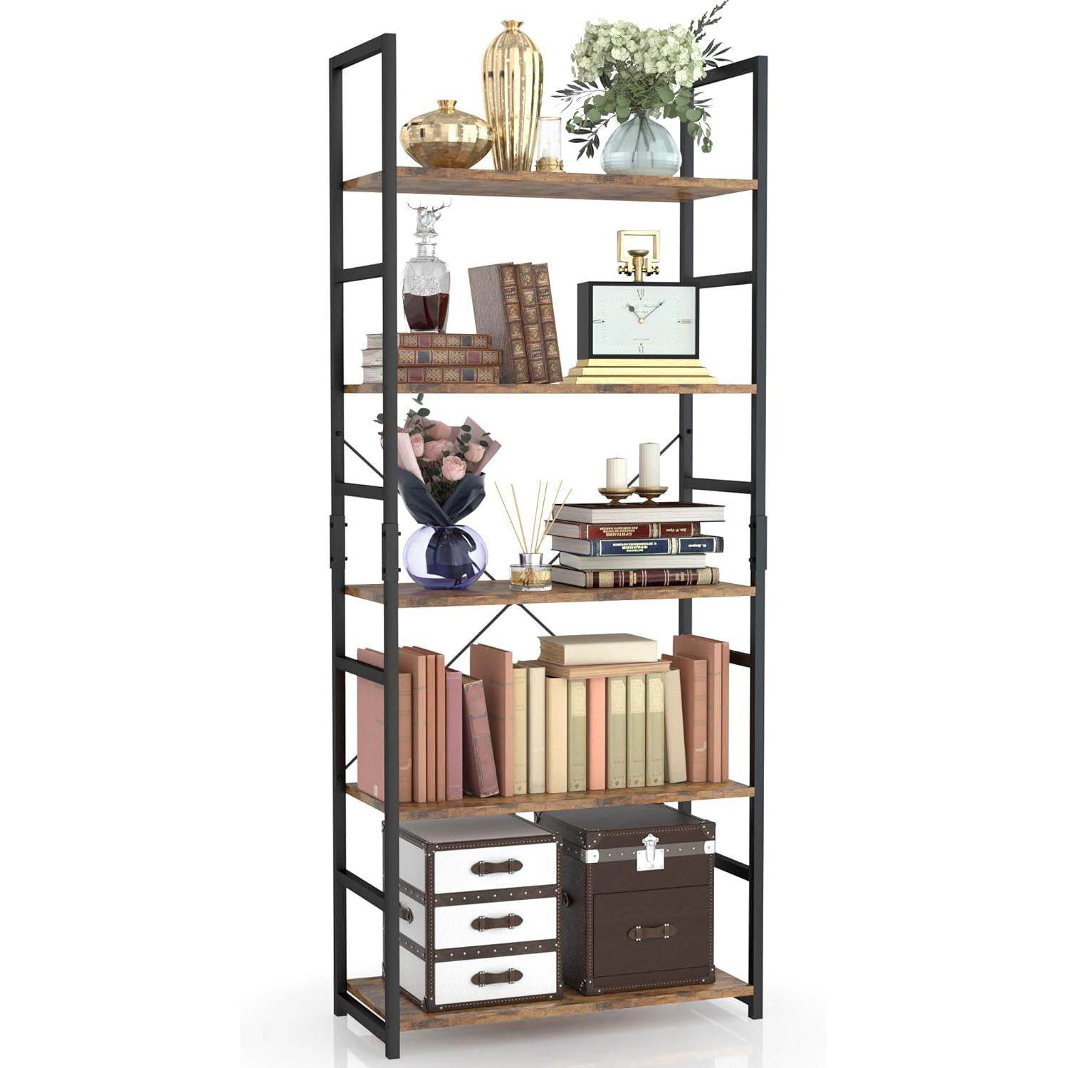 Tall 5 Shelf Bookcase Vintage Bookshelf Organizer-1