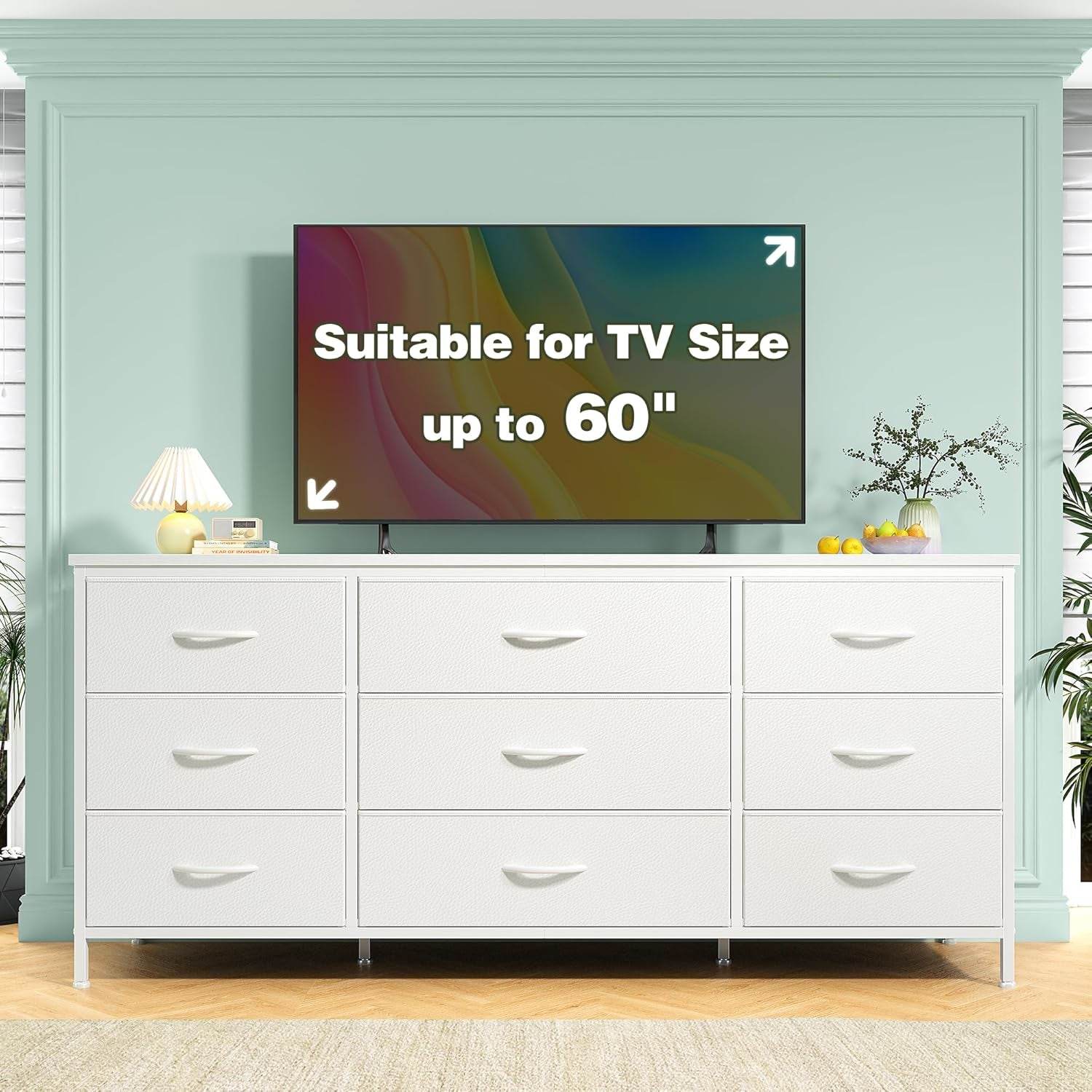 Dresser TV Stand with 9 Drawers for 60'' TV Stand for Bedroom Long Dresser for Bedroom Wide Dressers & Chests of Drawers, Sturdy Metal Frame & Wood Top, Living Room, Closet, White - Metromarketstore