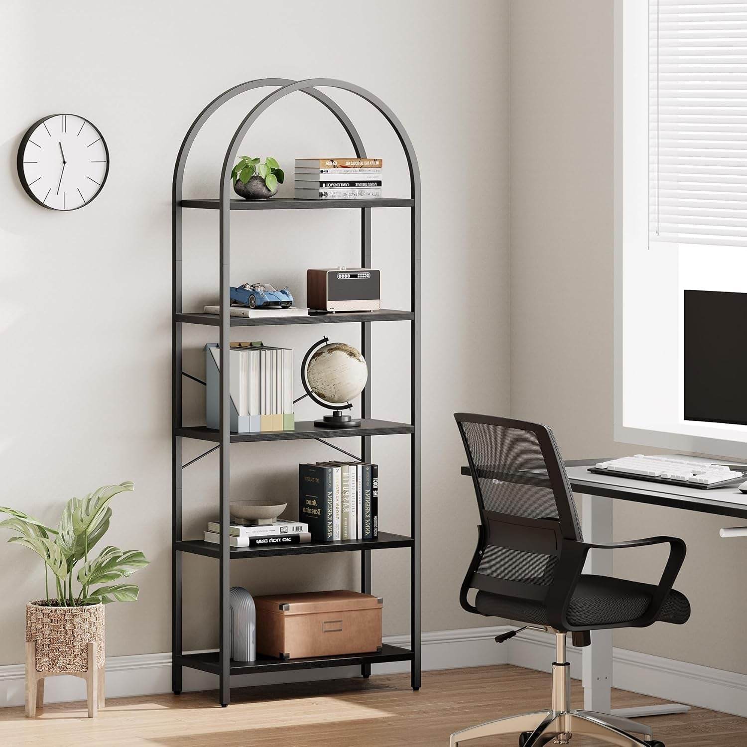 Tall Black Arched Bookcase with 5 Open Shelves-0
