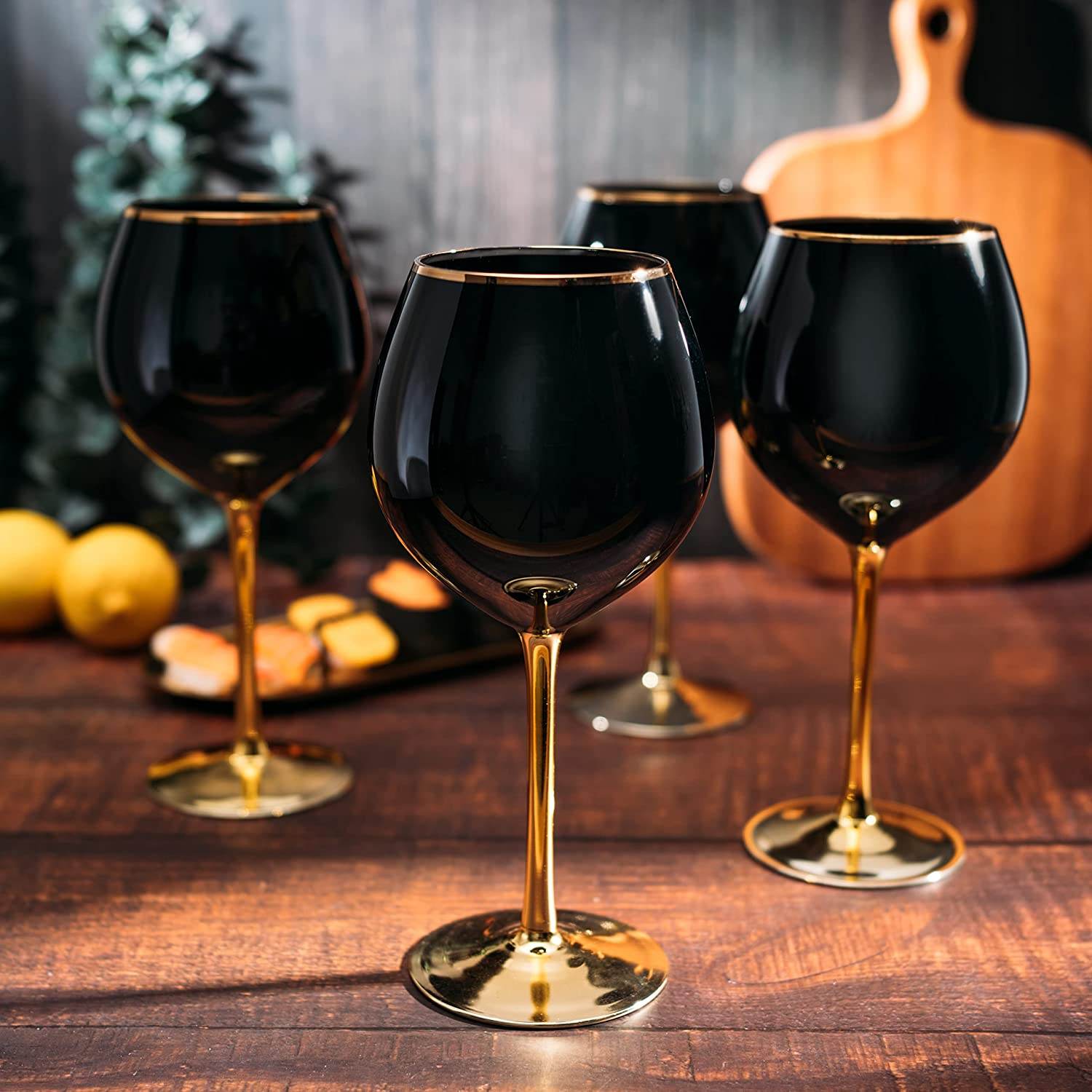 The Wine Savant Set of 4 Black Wine Glasses Gold Stemmed 14 oz Gold Rim Wine Glasses, Black Colored Wine Glasses Luxury Wine Glassware Wine Tasting, Wedding Gift, Anniversary, Birthday - Metromarketstore