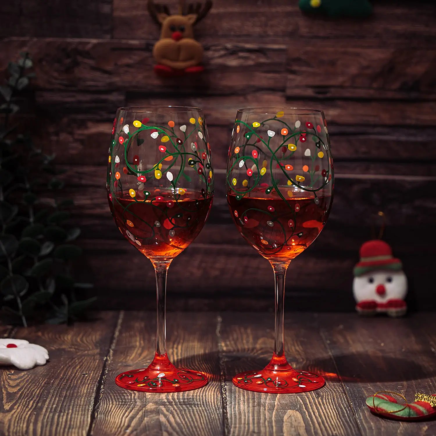 Stemmed Christmas Lights Wine Glasses Set of 2 - Hand Painted Wine Glass Ornament Light Bulbs Glasses, Perfect for Wine, Champagne, Holiday Parties and Festivities - 9.5" High, 21 oz Capacity - Metromarketstore