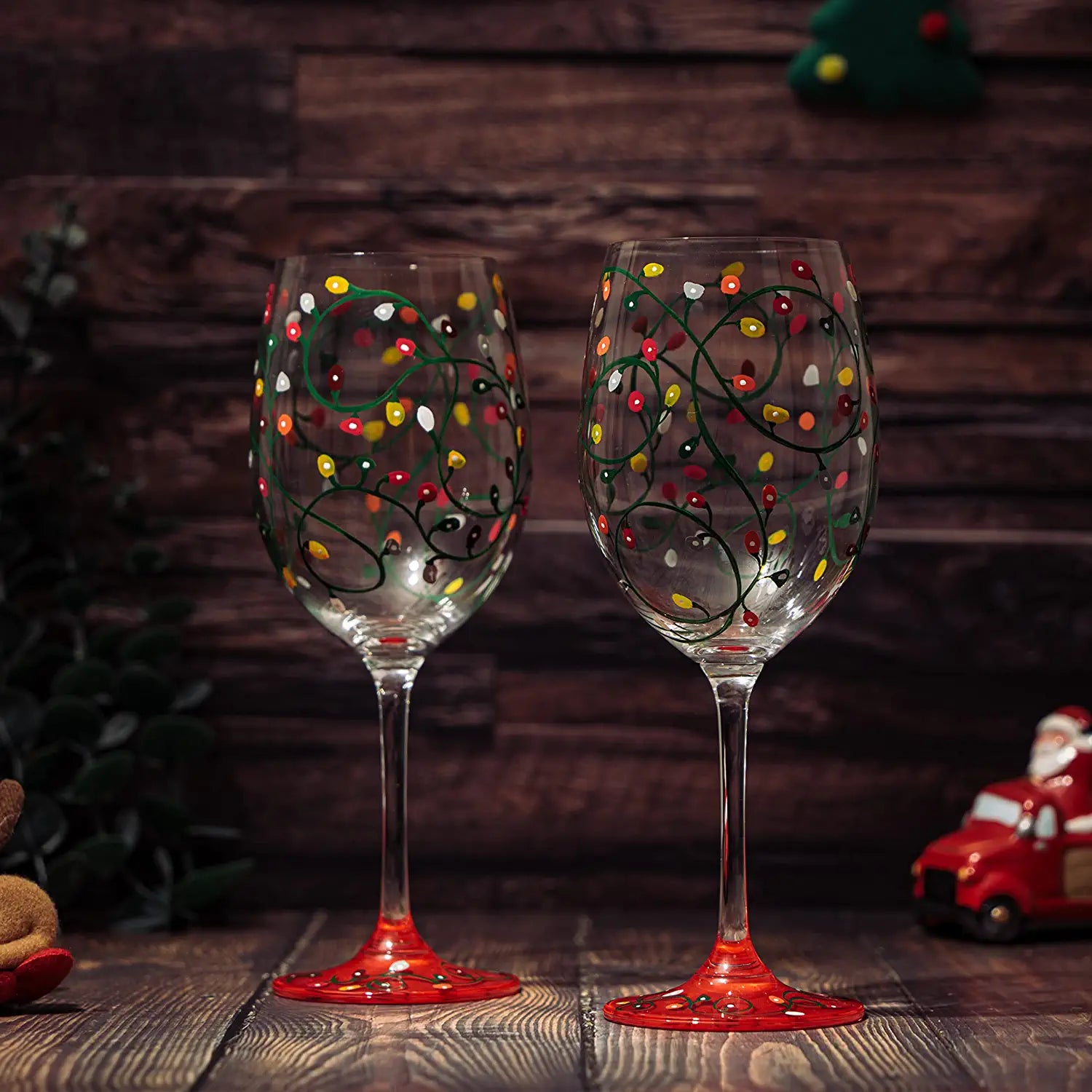 Stemmed Christmas Lights Wine Glasses Set of 2 - Hand Painted Wine Glass Ornament Light Bulbs Glasses, Perfect for Wine, Champagne, Holiday Parties and Festivities - 9.5" High, 21 oz Capacity - Metromarketstore