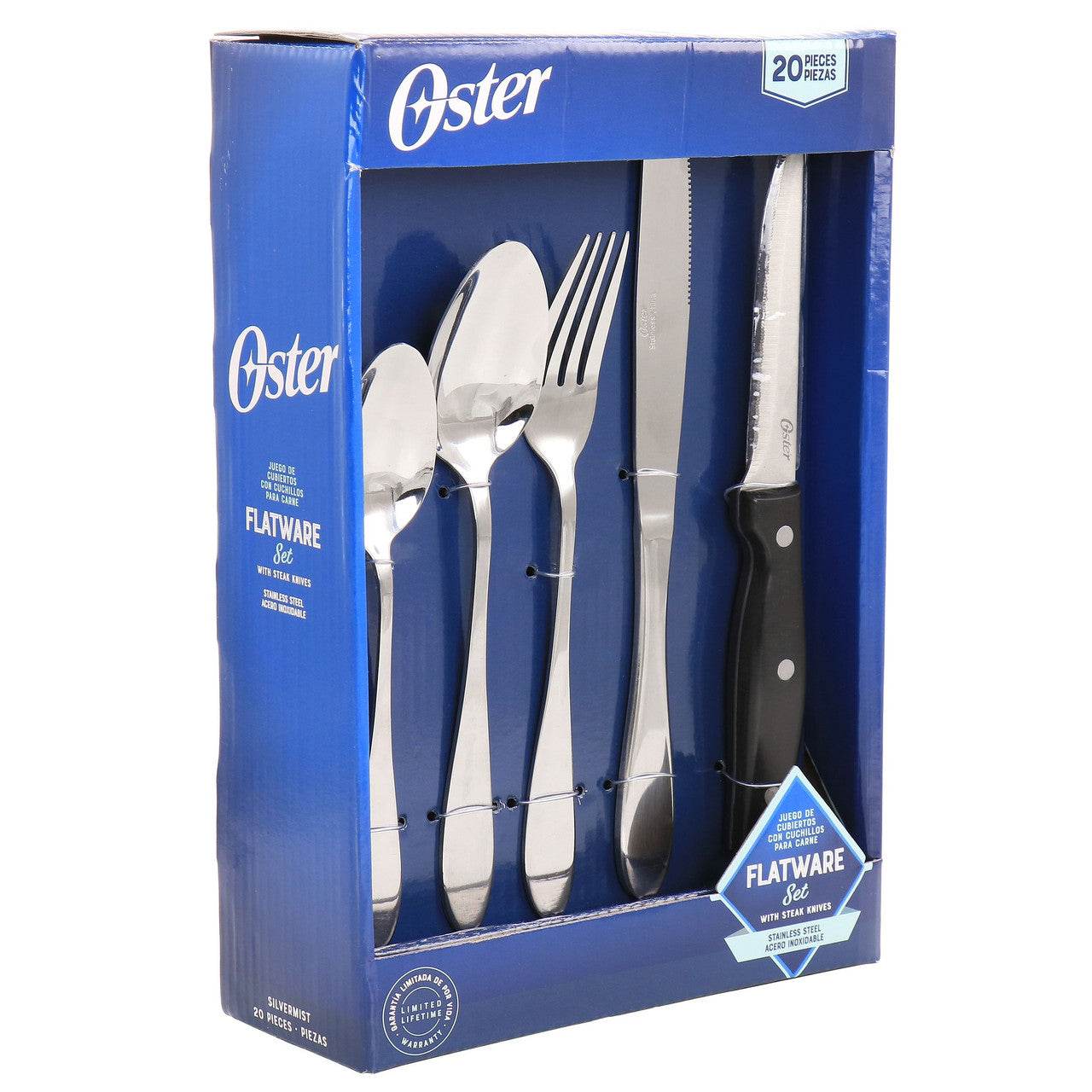 Oster Silvermist 20 Piece Stainless Steel Flatware Set with Steak Knives - Metromarketstore