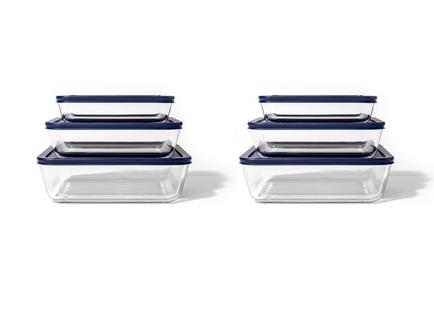 Glass Food Storage Containers - 12 Piece (6 Containers + 6 Lids) Rectangular Nesting Space-Saving Set - Metromarketstore