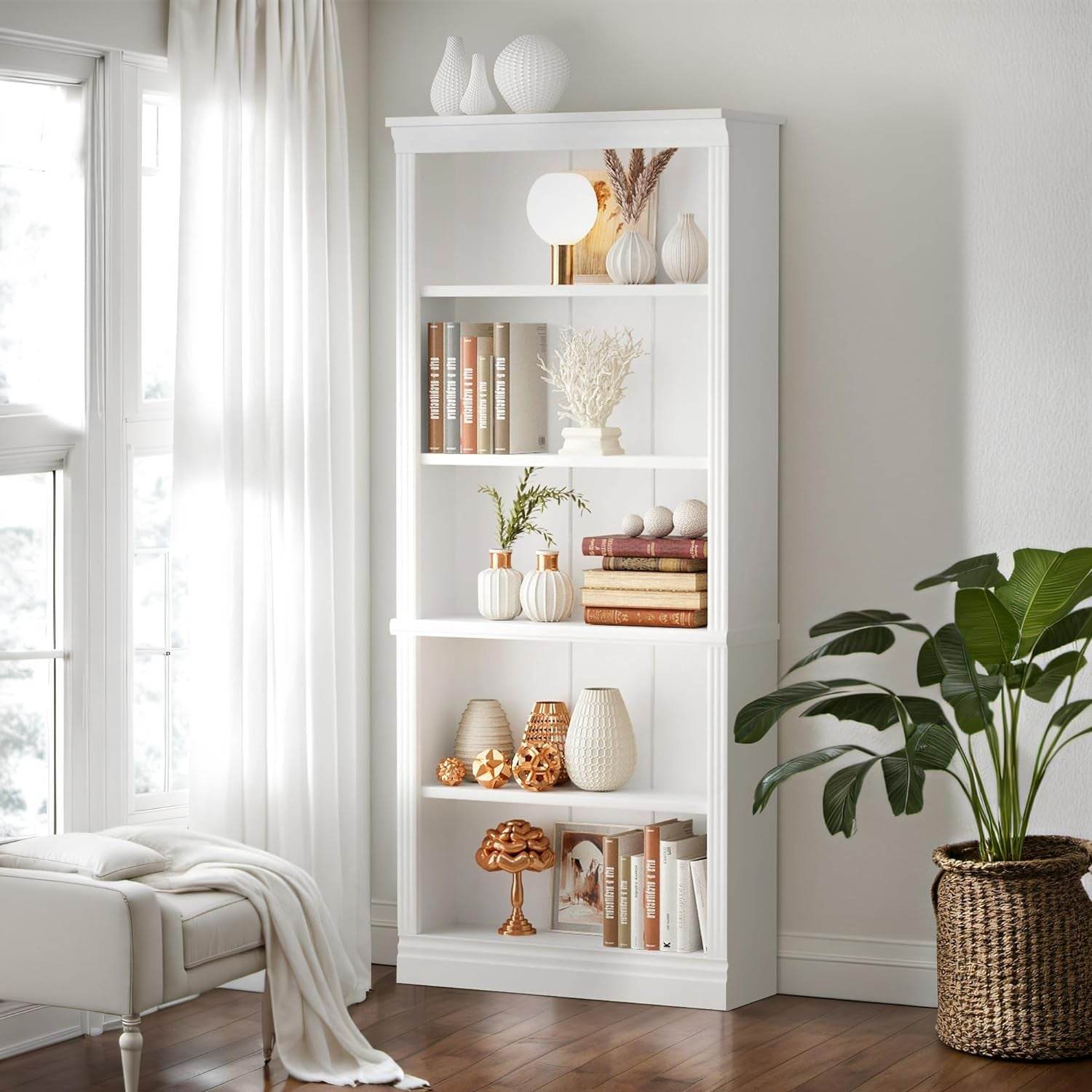 White 5 Tier Tall Bookcase Large Storage-1