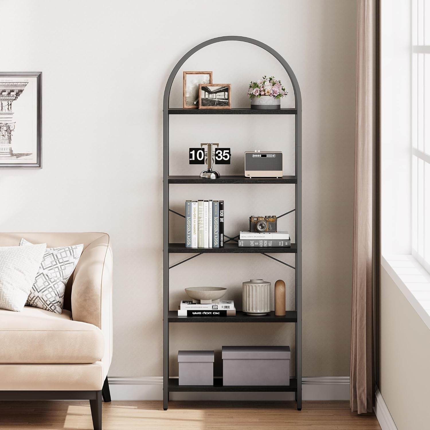 Tall Black Arched Bookcase with 5 Open Shelves-3