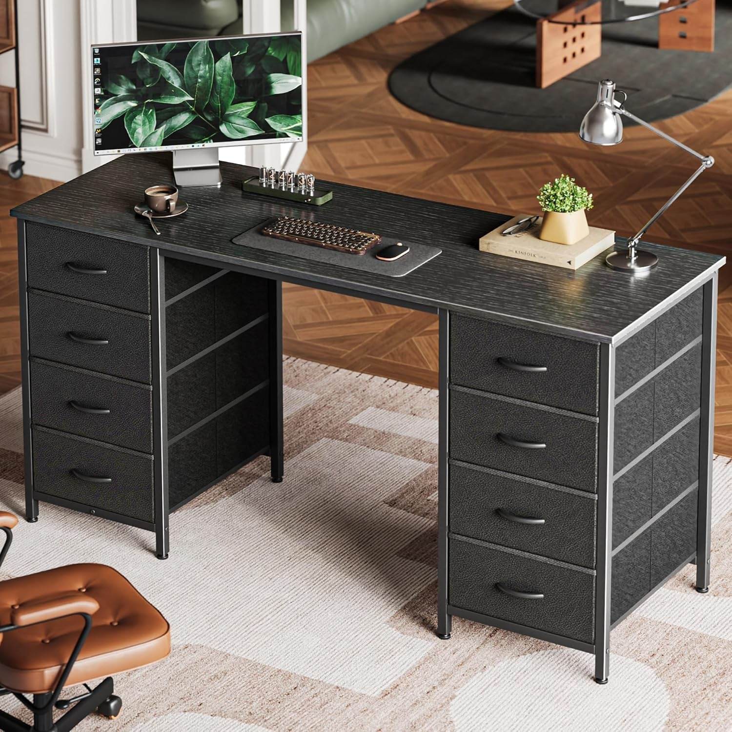 55 Inch Computer Desk with 8 Drawers in Black - Metromarketstore
