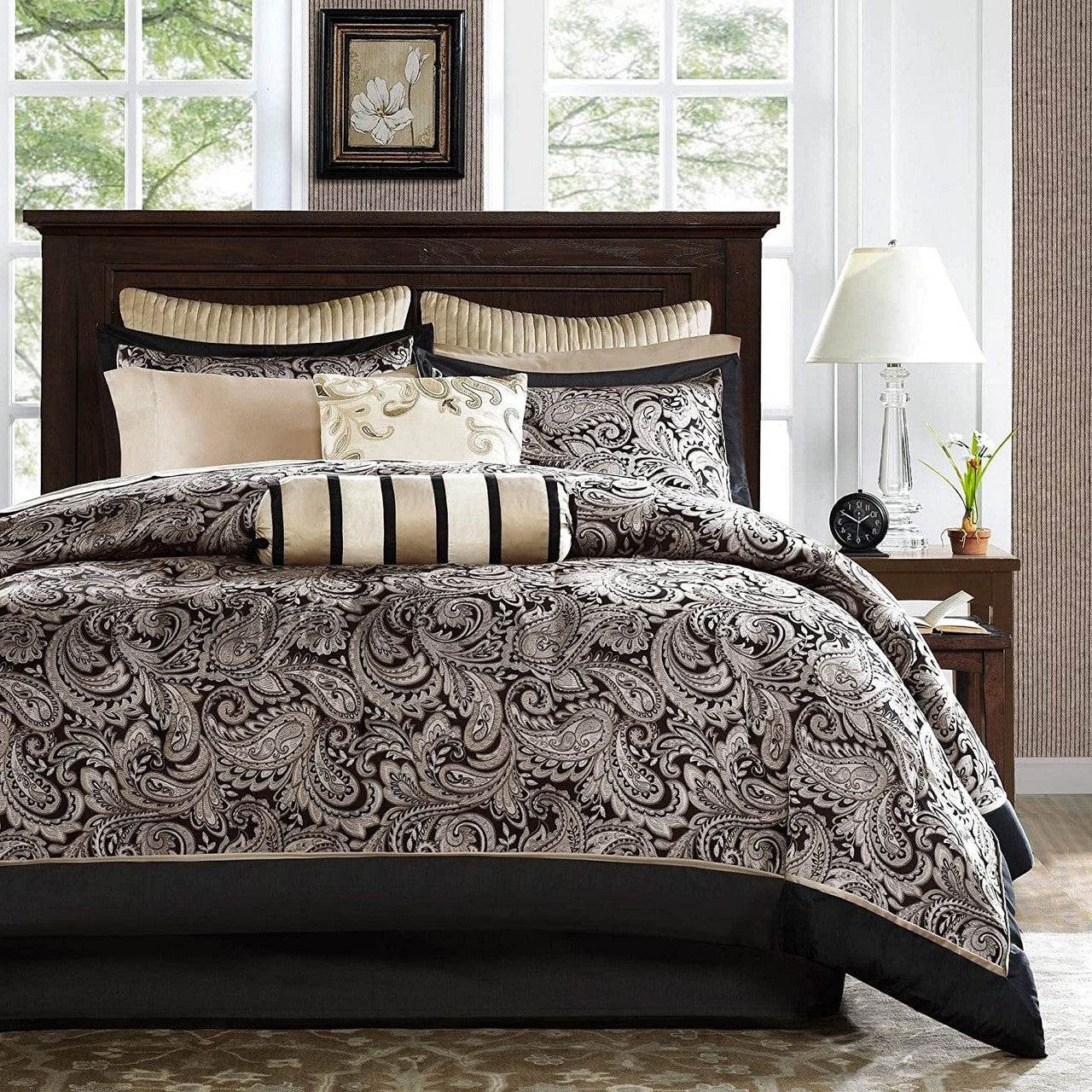 Queen 12 Piece Cotton Polyester Comforter Set Black Gold Paisley - Metromarketstore