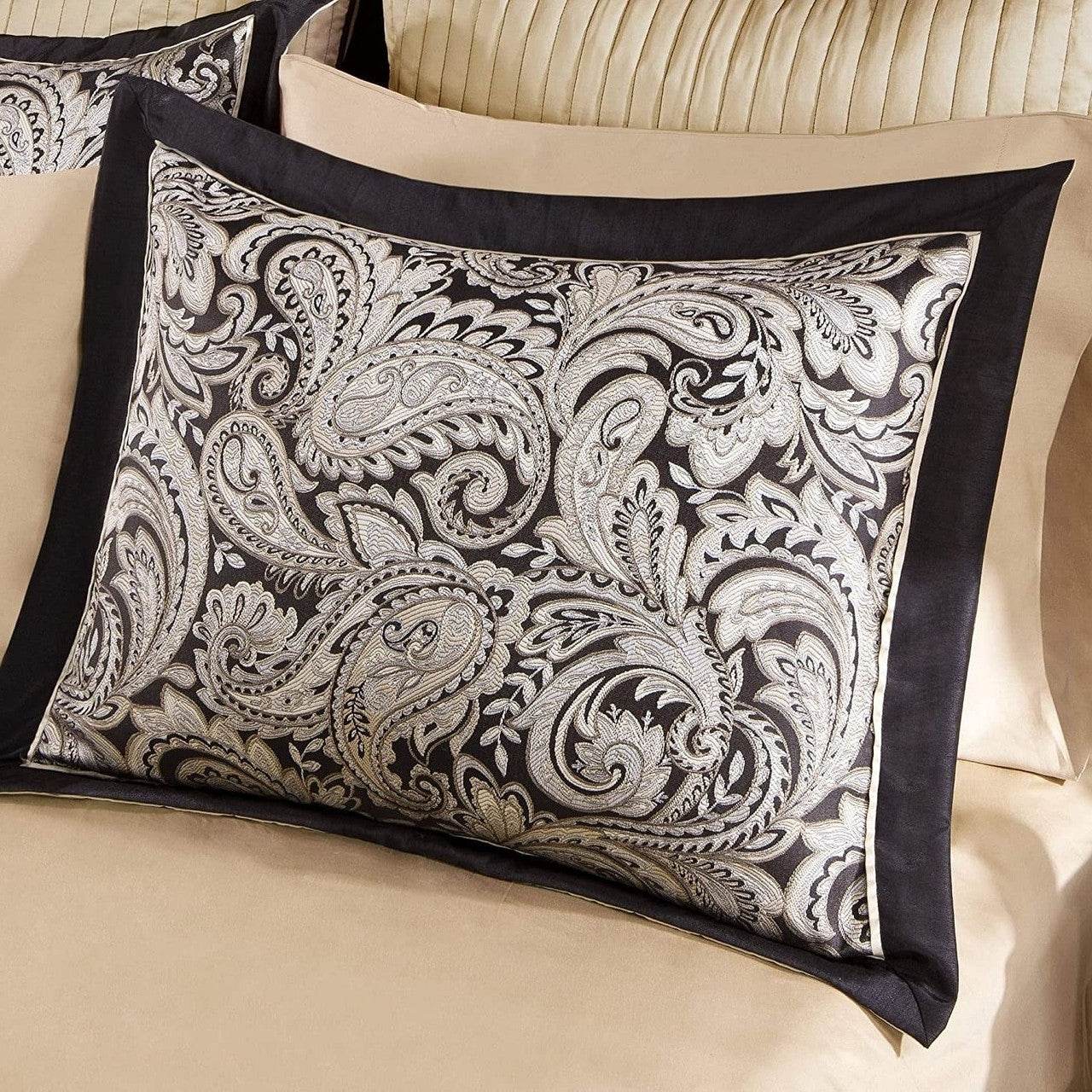 Queen 12 Piece Cotton Polyester Comforter Set Black Gold Paisley - Metromarketstore