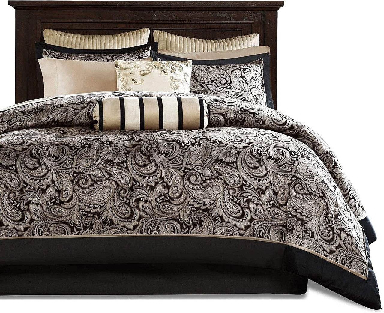 Queen 12 Piece Cotton Polyester Comforter Set Black Gold Paisley - Metromarketstore