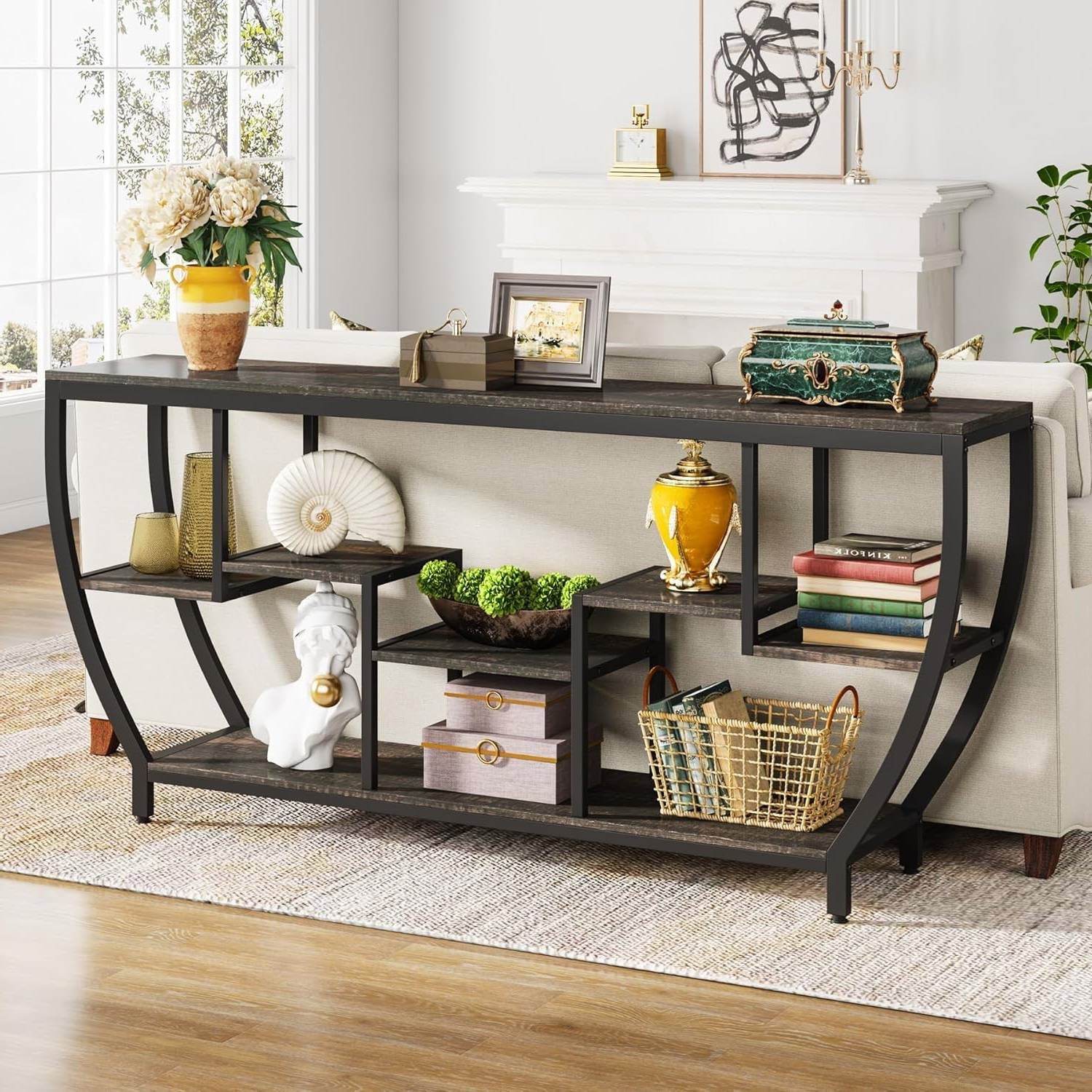 Modern Industrial 70-inch Long Narrow Console Sofa Table with Black Wood Shelves - Metromarketstore