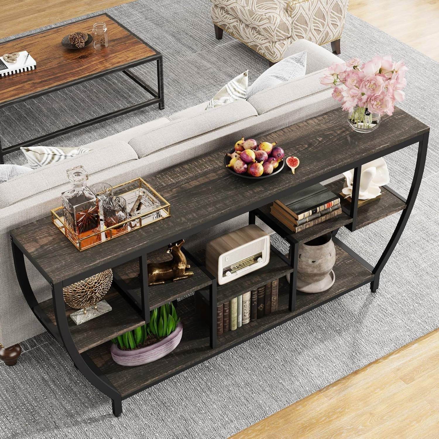 Modern Industrial 70-inch Long Narrow Console Sofa Table with Black Wood Shelves - Metromarketstore
