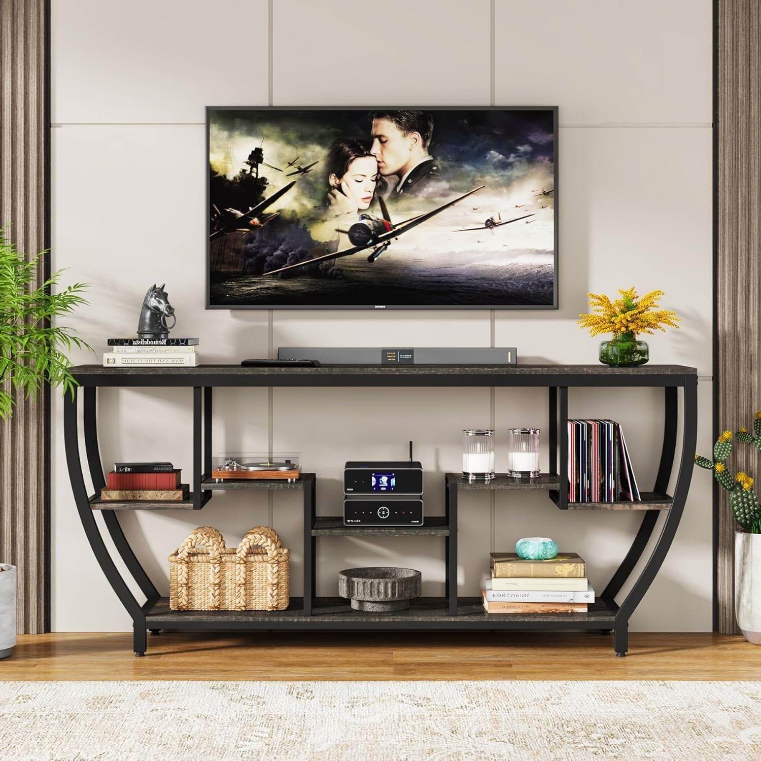 Modern Industrial 70-inch Long Narrow Console Sofa Table with Black Wood Shelves - Metromarketstore